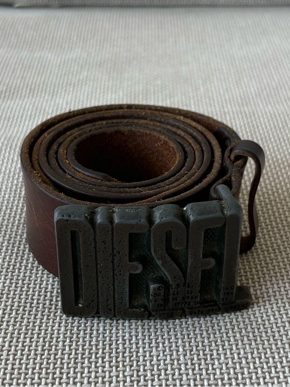 Diesel Brown Leather Belt with Chunky Black Logo Buckle
